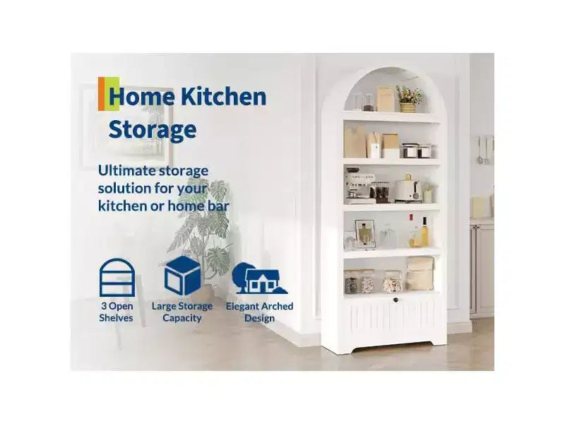 71 Tall Arched Pantry, 6-Tier Freestanding Storage Cabinet with Drawer, Modern White Book Shelf with Open Shelves & Anti-Tipping Design