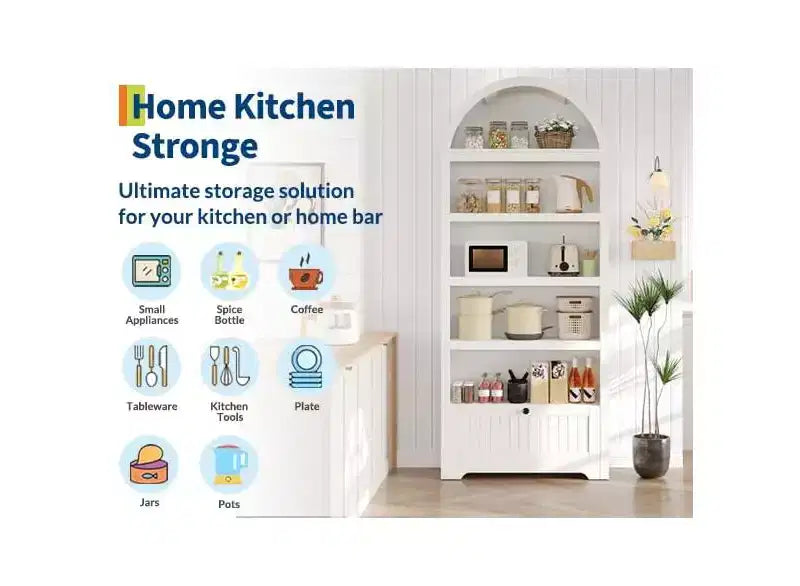 71 Tall Arched Pantry, 6-Tier Freestanding Storage Cabinet with Drawer, Modern White Book Shelf with Open Shelves & Anti-Tipping Design