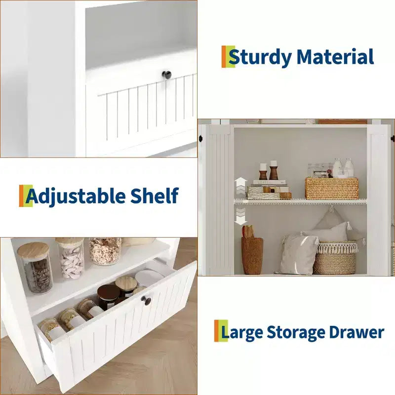 71 Tall Arched Pantry, 6-Tier Freestanding Storage Cabinet with Drawer, Modern White Book Shelf with Open Shelves & Anti-Tipping Design