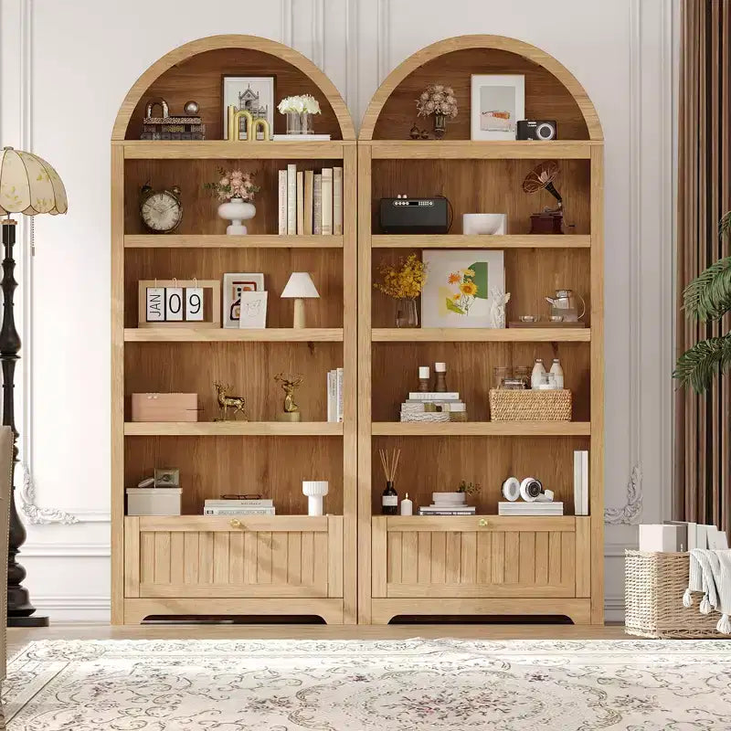 71 Tall Arched Pantry, 6-Tier Freestanding Storage Cabinet with Drawer, Modern White Book Shelf with Open Shelves & Anti-Tipping Design
