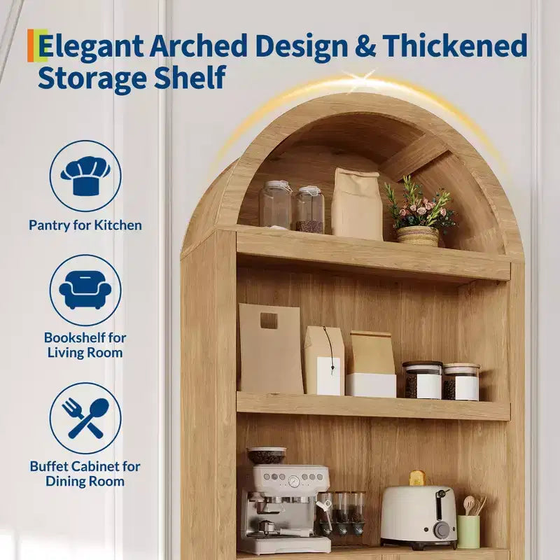 71 Tall Arched Pantry, 6-Tier Freestanding Storage Cabinet with Drawer, Modern White Book Shelf with Open Shelves & Anti-Tipping Design