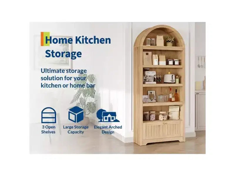 71 Tall Arched Pantry, 6-Tier Freestanding Storage Cabinet with Drawer, Modern White Book Shelf with Open Shelves & Anti-Tipping Design