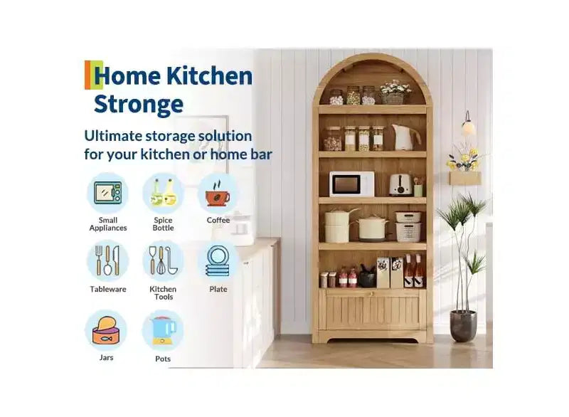 71 Tall Arched Pantry, 6-Tier Freestanding Storage Cabinet with Drawer, Modern White Book Shelf with Open Shelves & Anti-Tipping Design