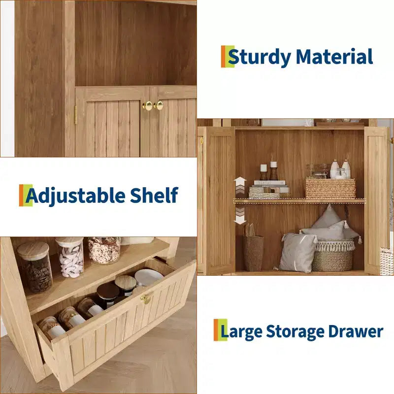 71 Tall Arched Pantry, 6-Tier Freestanding Storage Cabinet with Drawer, Modern White Book Shelf with Open Shelves & Anti-Tipping Design