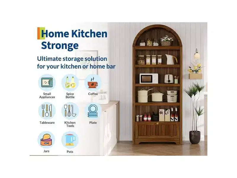 71 Tall Arched Pantry, 6-Tier Freestanding Storage Cabinet with Drawer, Modern White Book Shelf with Open Shelves & Anti-Tipping Design
