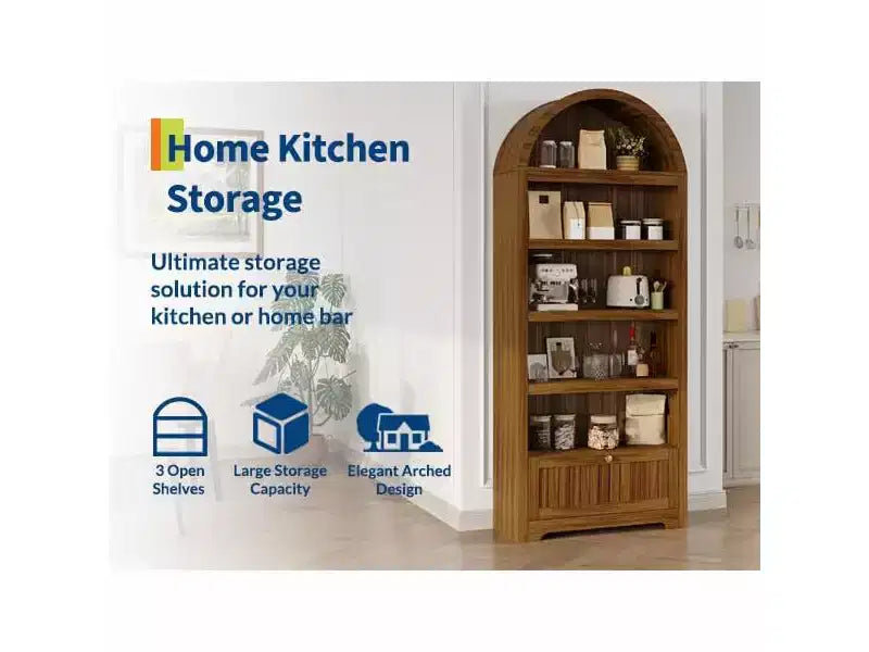 71 Tall Arched Pantry, 6-Tier Freestanding Storage Cabinet with Drawer, Modern White Book Shelf with Open Shelves & Anti-Tipping Design
