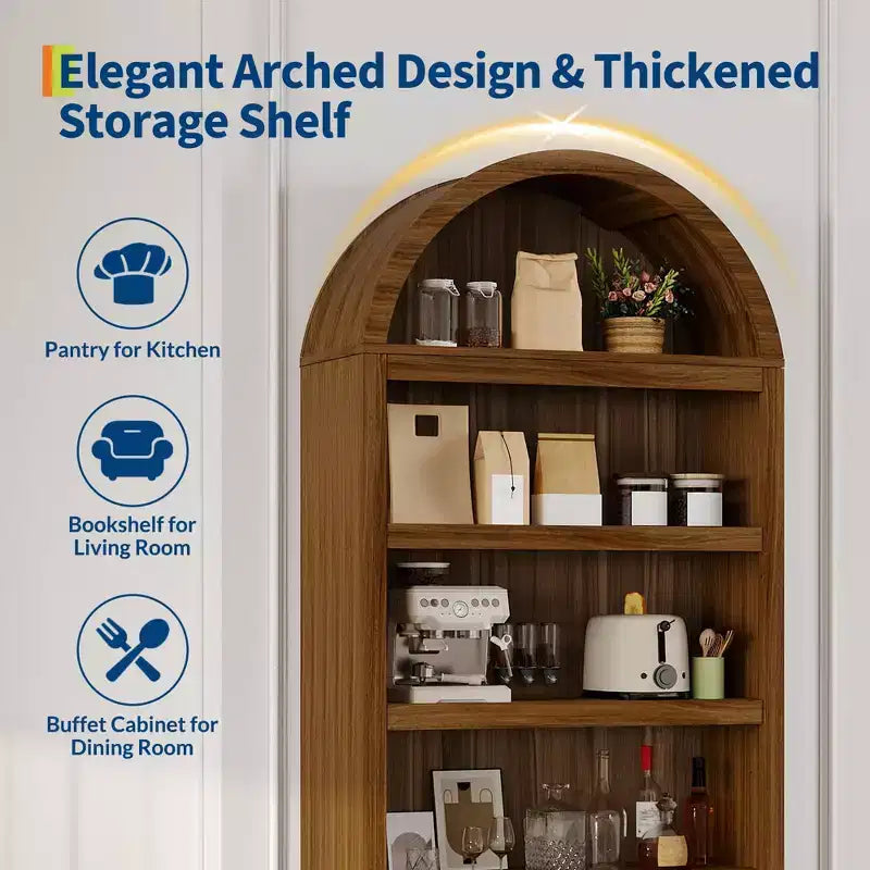 71 Tall Arched Pantry, 6-Tier Freestanding Storage Cabinet with Drawer, Modern White Book Shelf with Open Shelves & Anti-Tipping Design