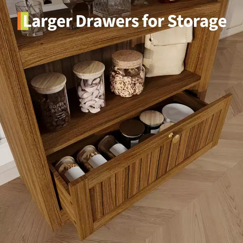 71 Tall Arched Pantry, 6-Tier Freestanding Storage Cabinet with Drawer, Modern White Book Shelf with Open Shelves & Anti-Tipping Design
