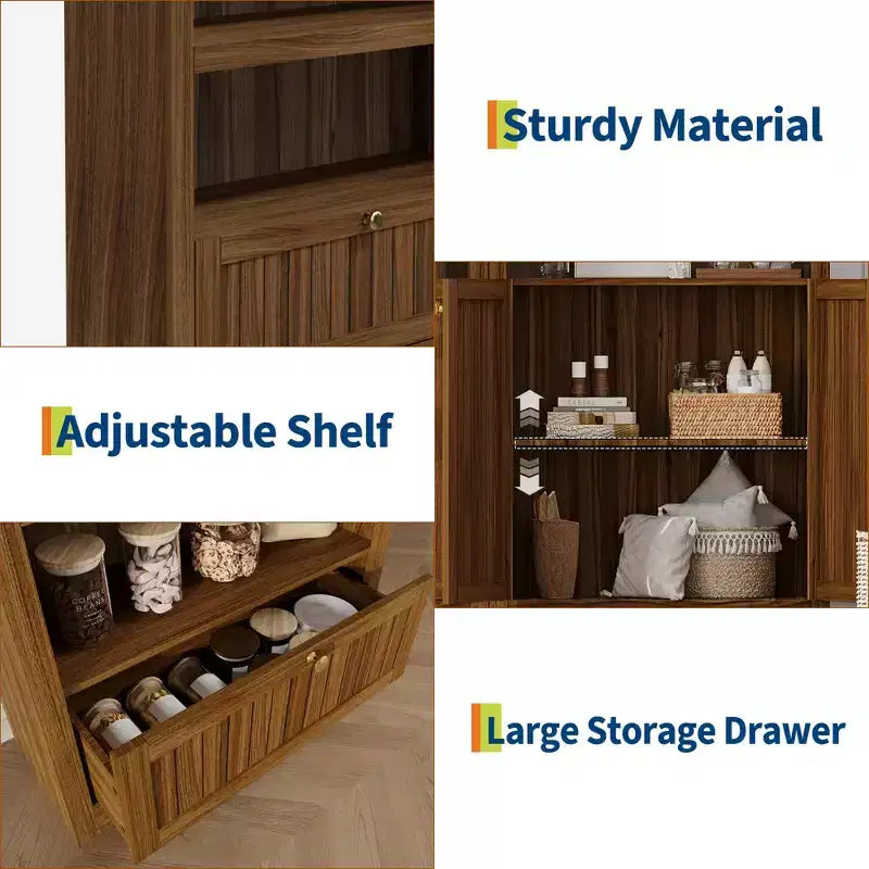 71 Tall Arched Pantry, 6-Tier Freestanding Storage Cabinet with Drawer, Modern White Book Shelf with Open Shelves & Anti-Tipping Design