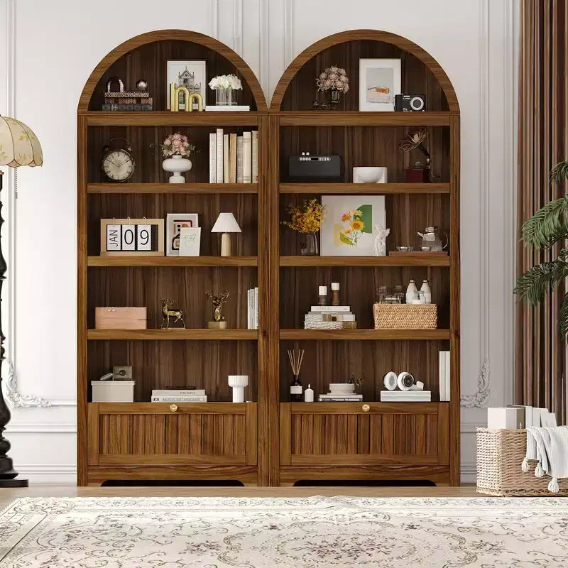 71 Tall Arched Pantry, 6-Tier Freestanding Storage Cabinet with Drawer, Modern White Book Shelf with Open Shelves & Anti-Tipping Design