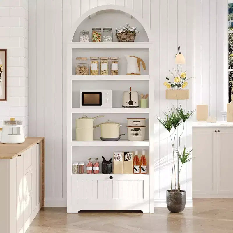 71 Tall Arched Pantry, 6-Tier Freestanding Storage Cabinet with Drawer, Modern White Book Shelf with Open Shelves & Anti-Tipping Design