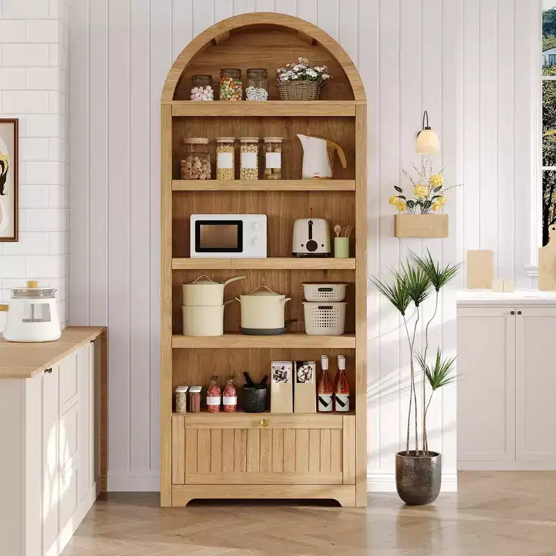 71 Tall Arched Pantry, 6-Tier Freestanding Storage Cabinet with Drawer, Modern White Book Shelf with Open Shelves & Anti-Tipping Design
