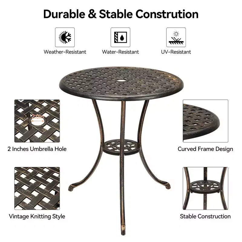 Bistro Table, Round Cast Aluminum Dinning Retro Table with 2 Inch Umbrella Hole, Pub Height Bistro Table for Porch, Backyard, Garden, Balcony