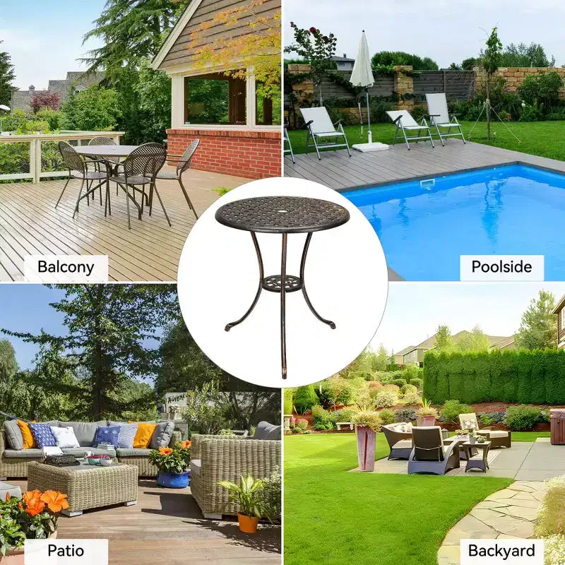 Bistro Table, Round Cast Aluminum Dinning Retro Table with 2 Inch Umbrella Hole, Pub Height Bistro Table for Porch, Backyard, Garden, Balcony