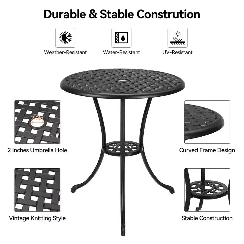 Bistro Table, Round Cast Aluminum Dinning Retro Table with 2 Inch Umbrella Hole, Pub Height Bistro Table for Porch, Backyard, Garden, Balcony