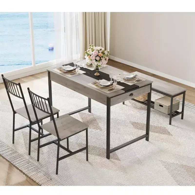 Table de salle à manger pour 4, petite table de cuisine et 2 chaises pour 4 avec banc, table de ferme rectangulaire