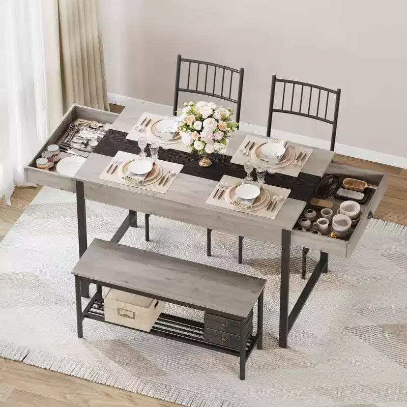 Table de salle à manger pour 4, petite table de cuisine et 2 chaises pour 4 avec banc, table de ferme rectangulaire