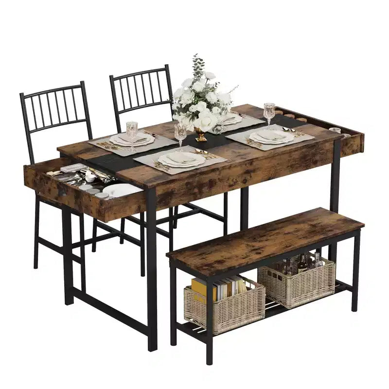 Table de salle à manger pour 4, petite table de cuisine et 2 chaises pour 4 avec banc, table de ferme rectangulaire