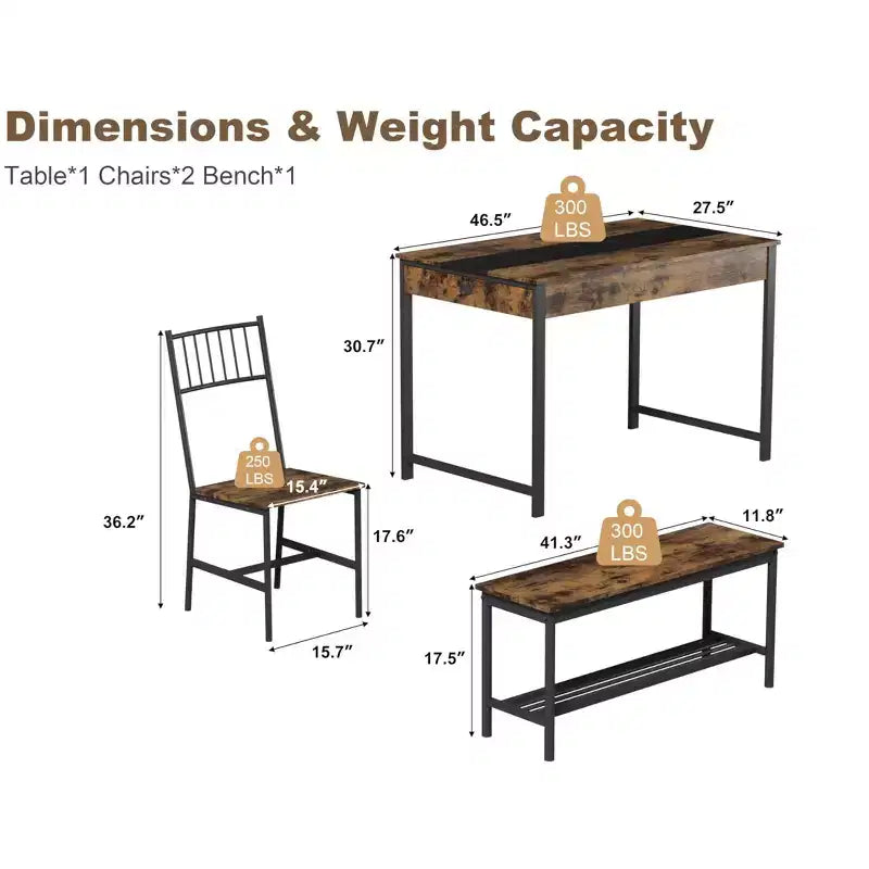 Table de salle à manger pour 4, petite table de cuisine et 2 chaises pour 4 avec banc, table de ferme rectangulaire