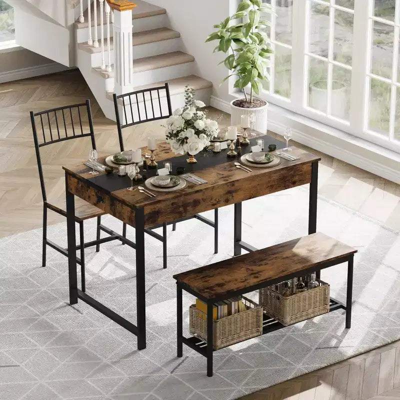 Dining Table for 4, Small Kitchen Table and 2 Chairs for 4 with Bench, Rectangular Farmhouse Table