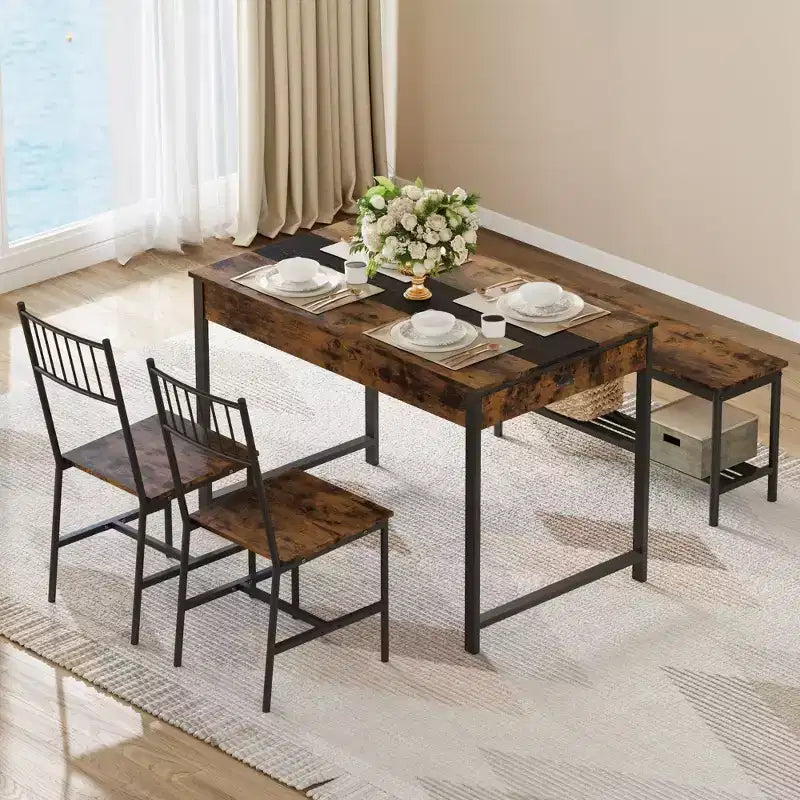 Dining Table for 4, Small Kitchen Table and 2 Chairs for 4 with Bench, Rectangular Farmhouse Table
