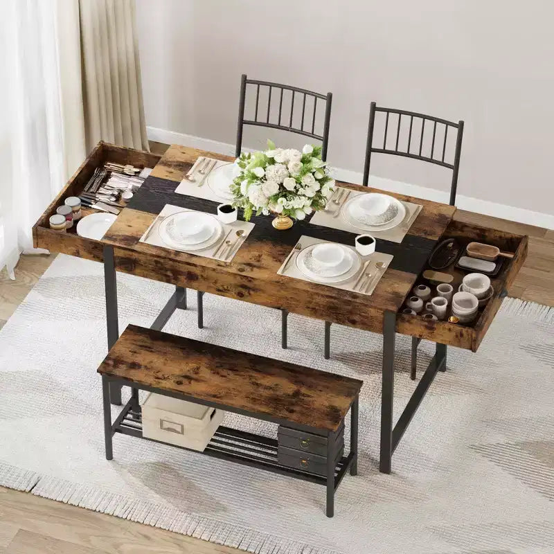 Table de salle à manger pour 4, petite table de cuisine et 2 chaises pour 4 avec banc, table de ferme rectangulaire