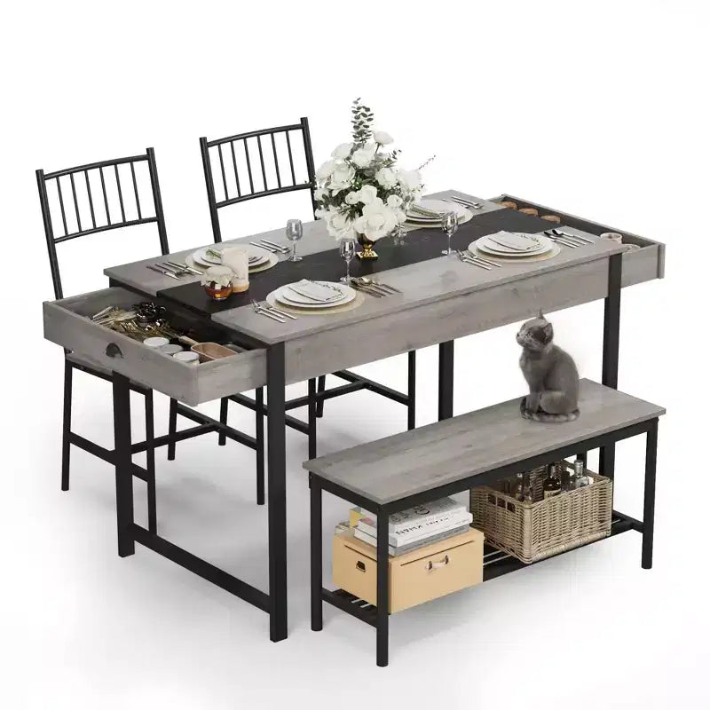 Table de salle à manger pour 4, petite table de cuisine et 2 chaises pour 4 avec banc, table de ferme rectangulaire