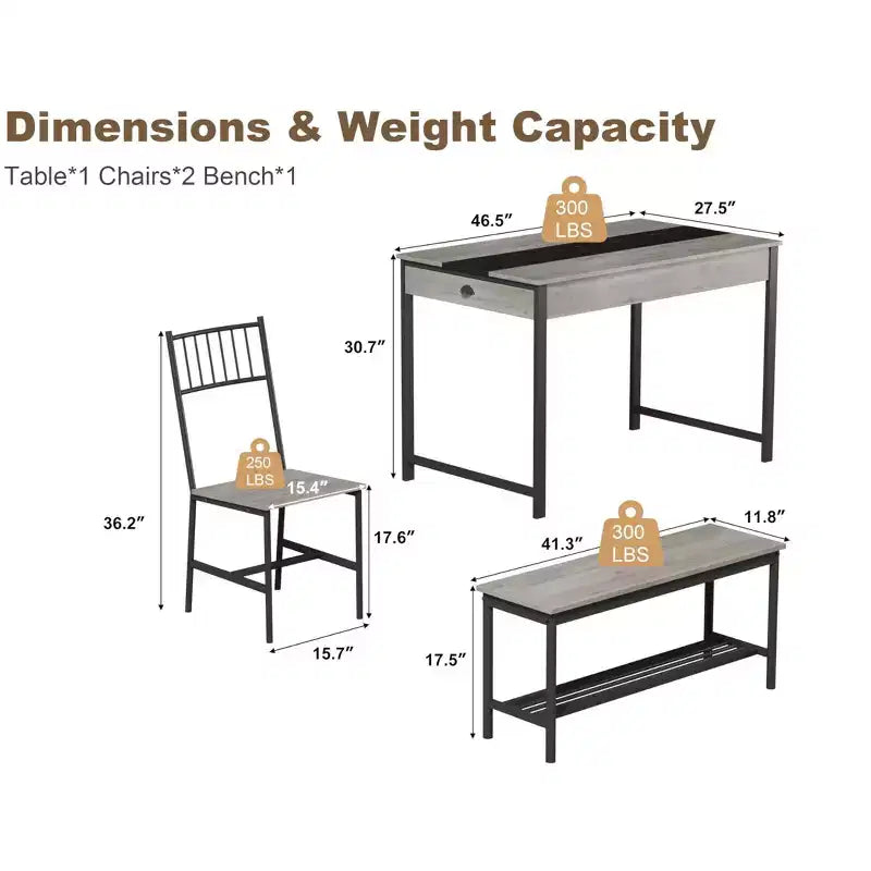 Table de salle à manger pour 4, petite table de cuisine et 2 chaises pour 4 avec banc, table de ferme rectangulaire