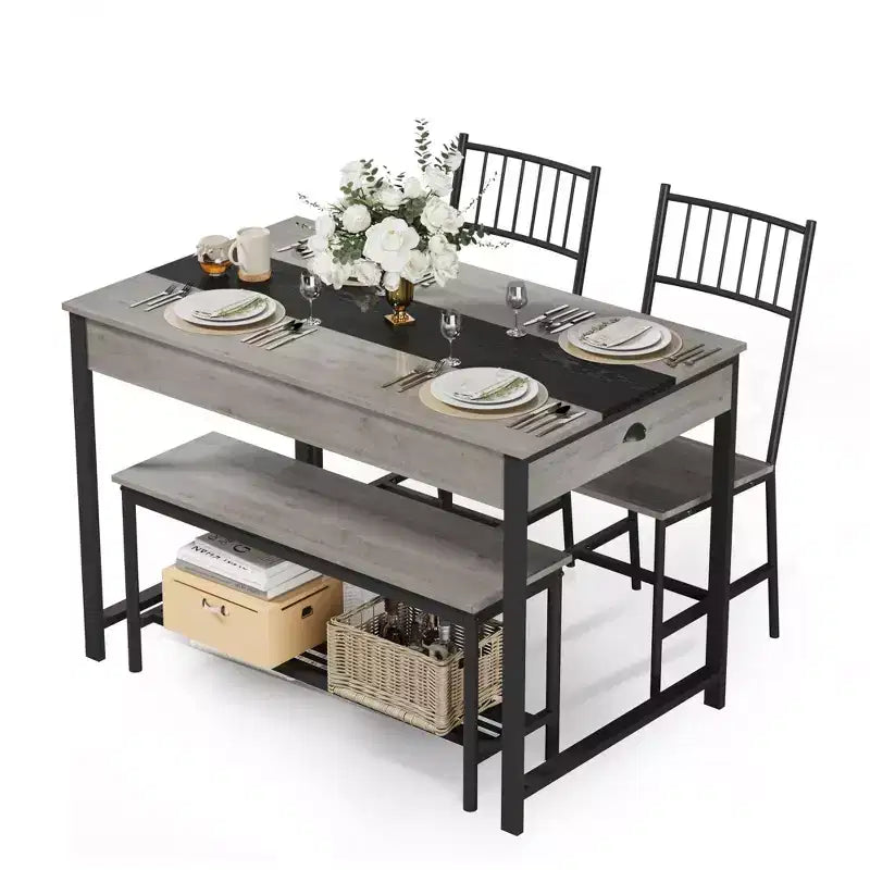 Dining Table for 4, Small Kitchen Table and 2 Chairs for 4 with Bench, Rectangular Farmhouse Table