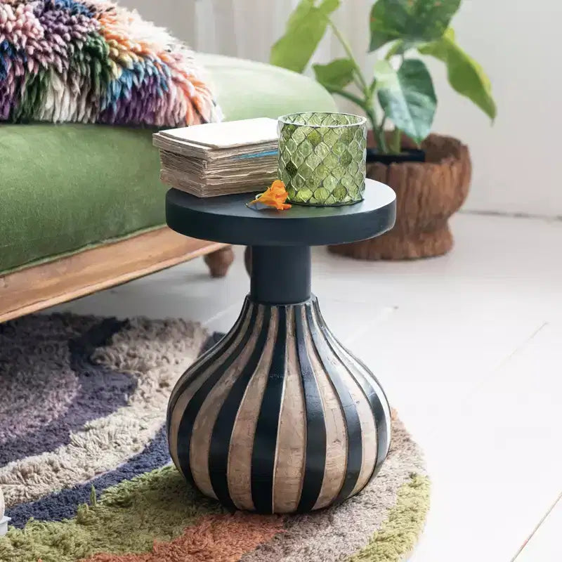 Round Mango Wood Side Table with Striped Base, Black and Natural