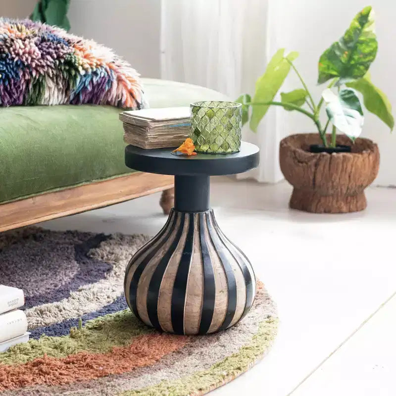 Round Mango Wood Side Table with Striped Base, Black and Natural