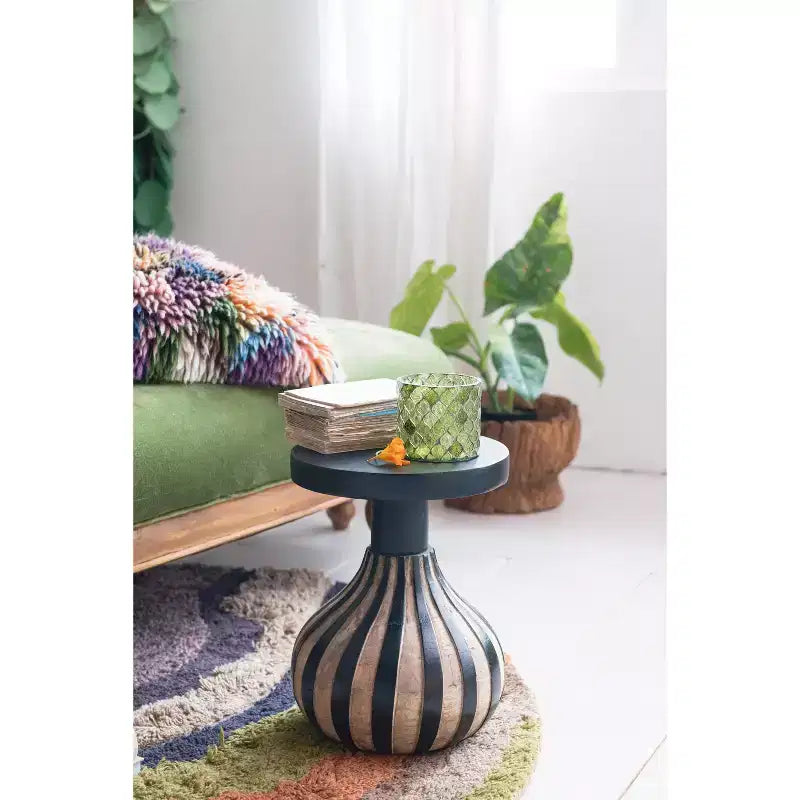 Round Mango Wood Side Table with Striped Base, Black and Natural