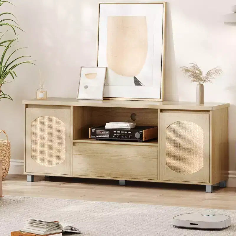 Rattan TV Stand for up to 70 TVs, Boho Entertainment Center with Adjustable Shelf & Storage Drawer, Oak