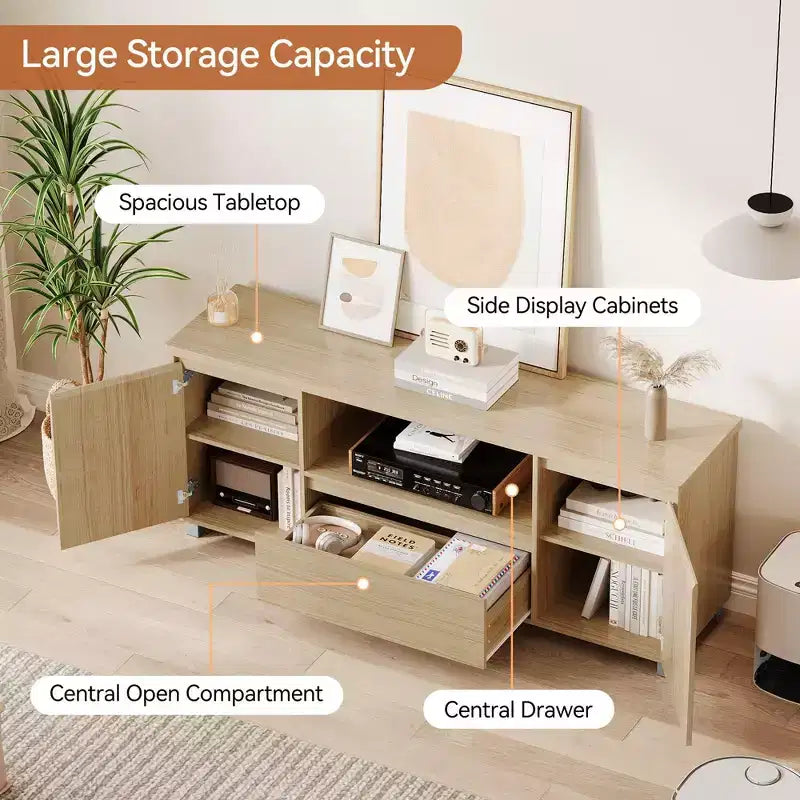 Rattan TV Stand for up to 70 TVs, Boho Entertainment Center with Adjustable Shelf & Storage Drawer, Oak