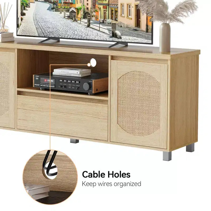 Rattan TV Stand for up to 70 TVs, Boho Entertainment Center with Adjustable Shelf & Storage Drawer, Oak