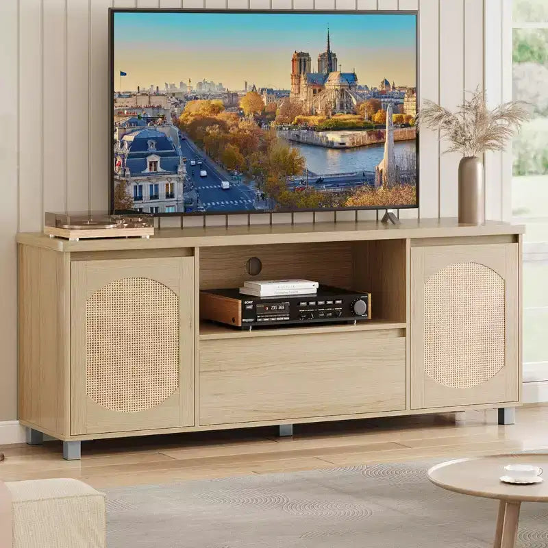 Rattan TV Stand for up to 70 TVs, Boho Entertainment Center with Adjustable Shelf & Storage Drawer, Oak