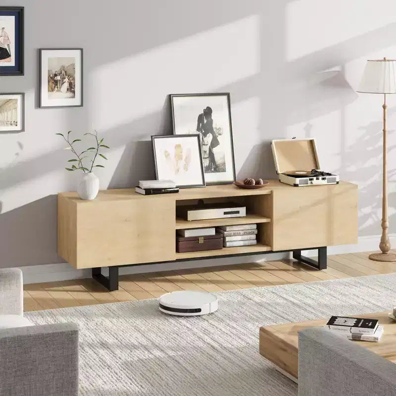 Industrial TV Stand for 80 in, Modern Entertainment Center with 2 Drawers, MDF Media Cabinet w/Elegant Wood Texture