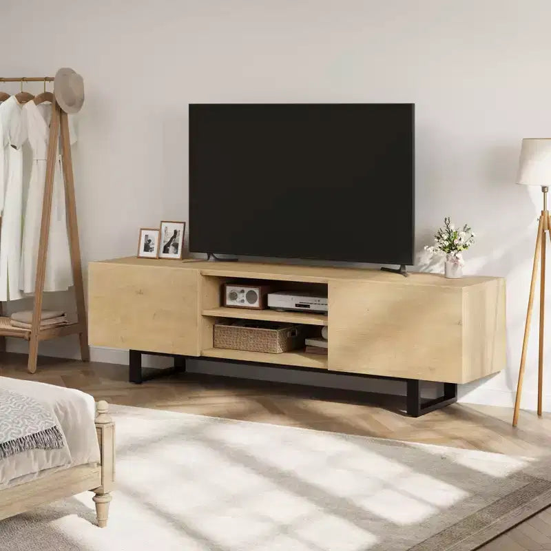 Industrial TV Stand for 80 in, Modern Entertainment Center with 2 Drawers, MDF Media Cabinet w/Elegant Wood Texture