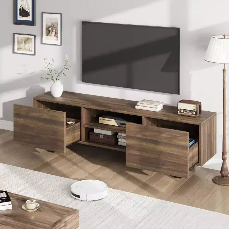 Industrial TV Stand for 80 in, Modern Entertainment Center with 2 Drawers, MDF Media Cabinet w/Elegant Wood Texture