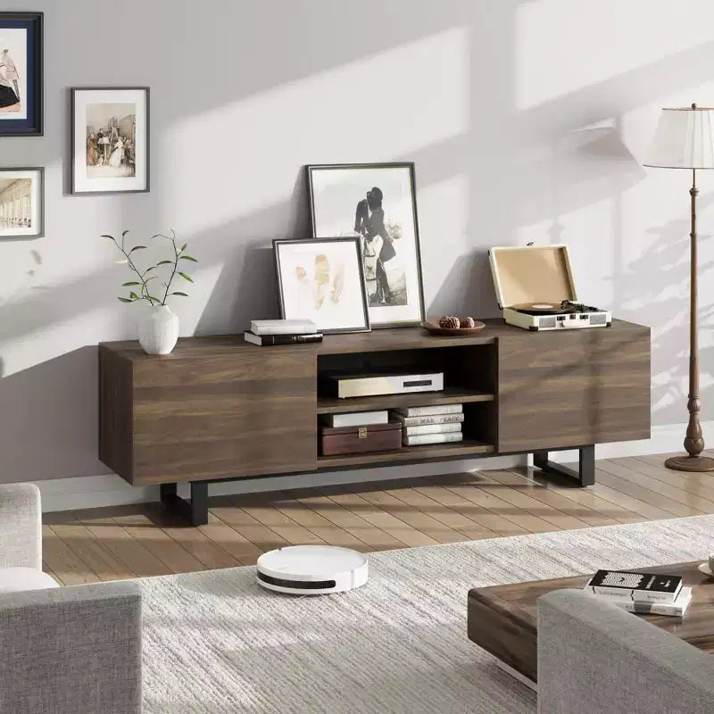 Industrial TV Stand for 80 in, Modern Entertainment Center with 2 Drawers, MDF Media Cabinet w/Elegant Wood Texture