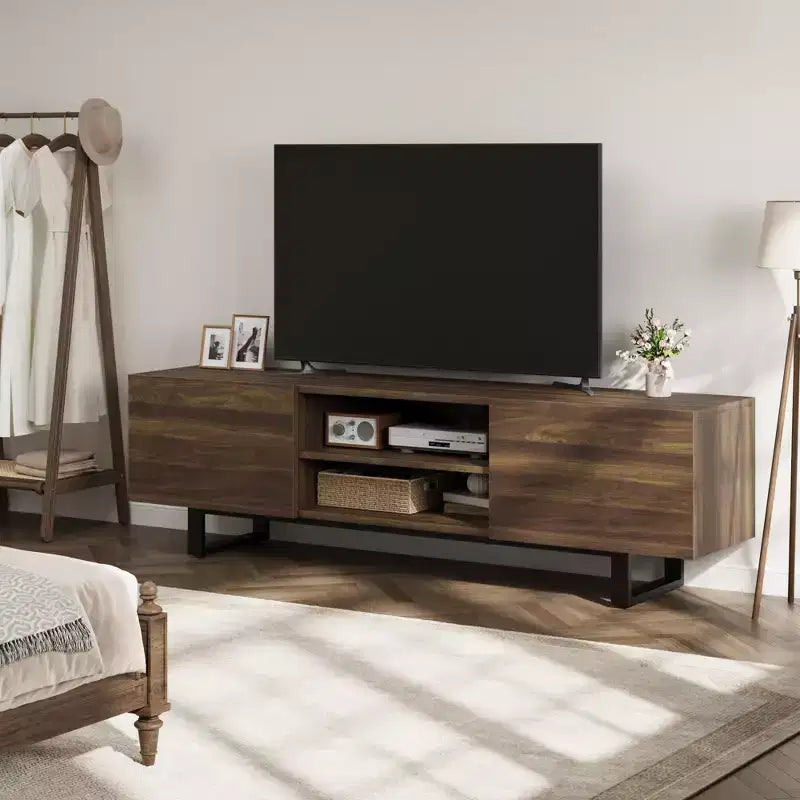 Industrial TV Stand for 80 in, Modern Entertainment Center with 2 Drawers, MDF Media Cabinet w/Elegant Wood Texture