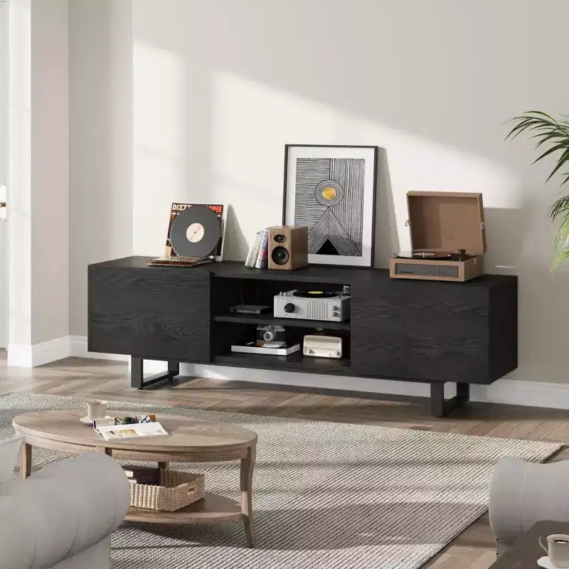Industrial TV Stand for 80 in, Modern Entertainment Center with 2 Drawers, MDF Media Cabinet w/Elegant Wood Texture