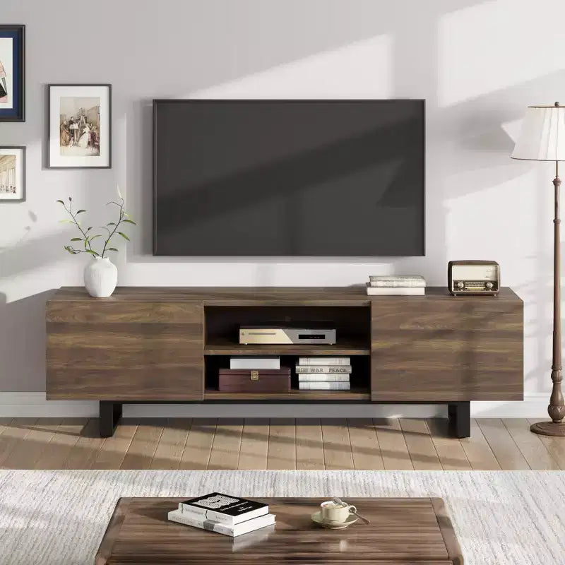 Industrial TV Stand for 80 in, Modern Entertainment Center with 2 Drawers, MDF Media Cabinet w/Elegant Wood Texture