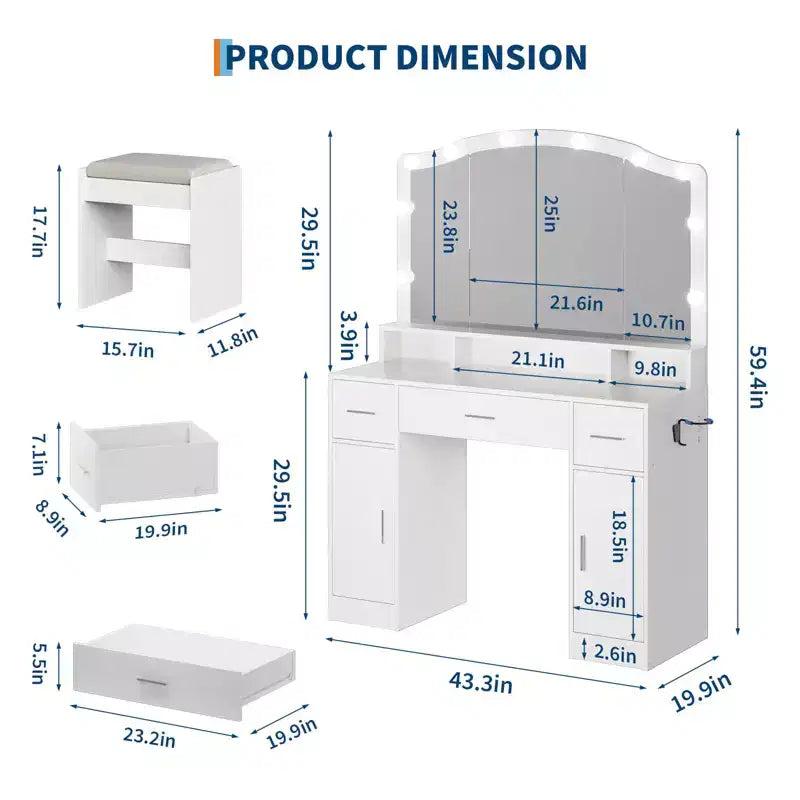 Vanity Desk with Mirror and Lights, 10 LED Lights, 3 Drawers, Power Outlet, Dressing Table