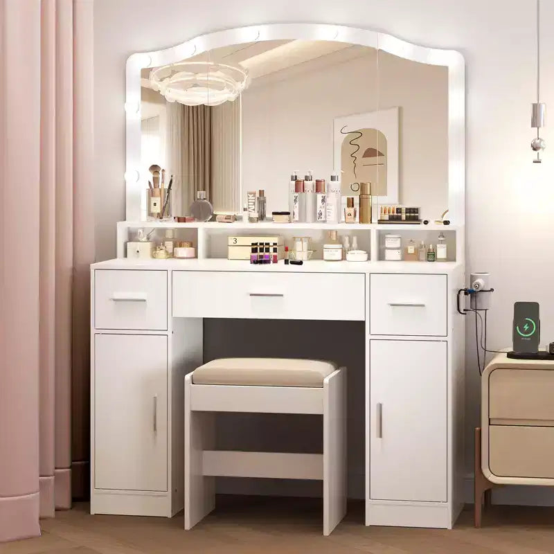 Vanity Desk with Mirror and Lights, 10 LED Lights, 3 Drawers, Power Outlet, Dressing Table