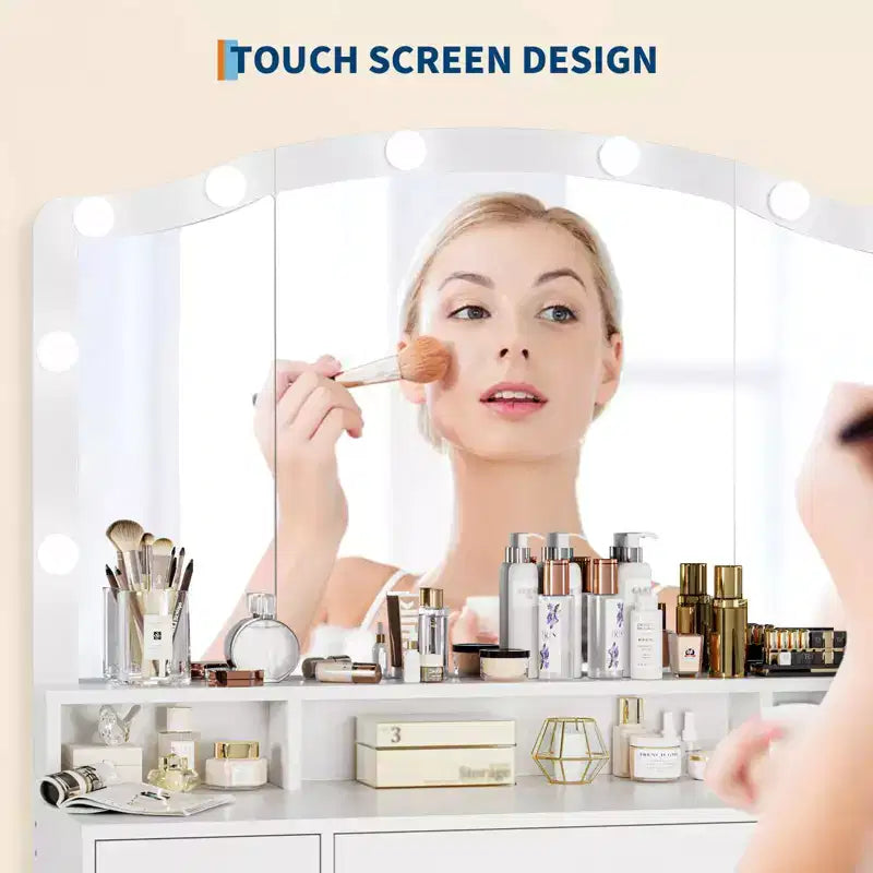 Vanity Desk with Mirror and Lights, 10 LED Lights, 3 Drawers, Power Outlet, Dressing Table