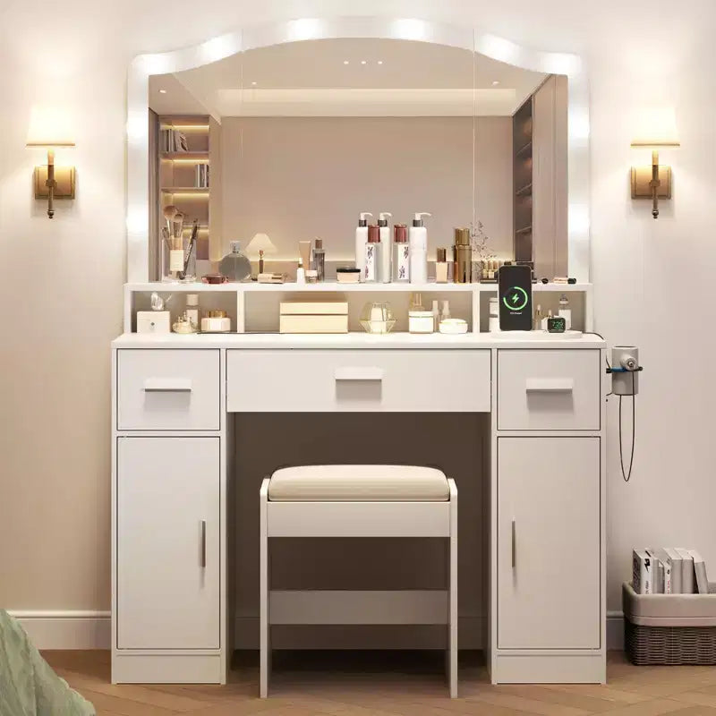 Vanity Desk with Mirror and Lights, 10 LED Lights, 3 Drawers, Power Outlet, Dressing Table