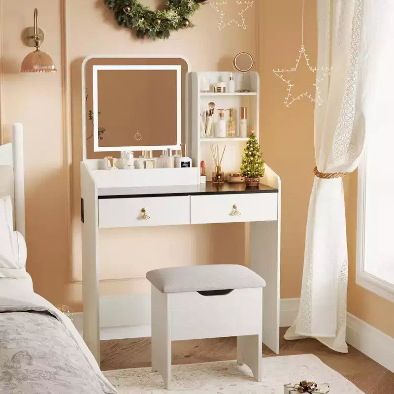 Vanity Desk with LED Light Mirror and Charging Station, Makeup Vanity with 2 Drawers and Storage Stool