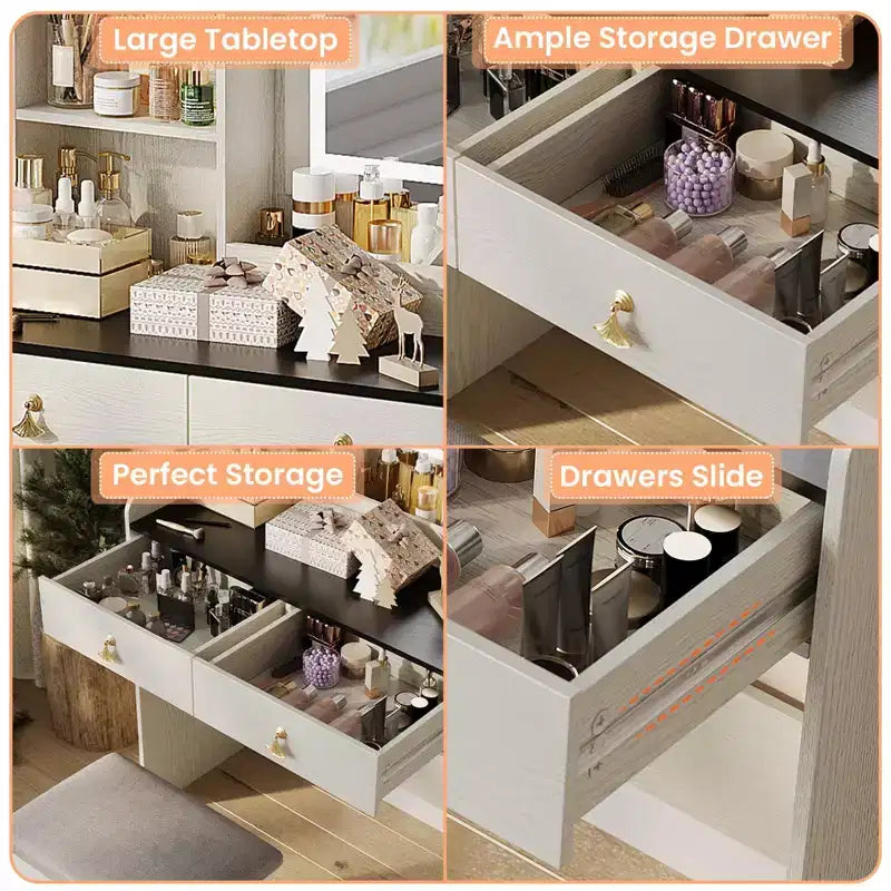 Vanity Desk with LED Light Mirror and Charging Station, Makeup Vanity with 2 Drawers and Storage Stool