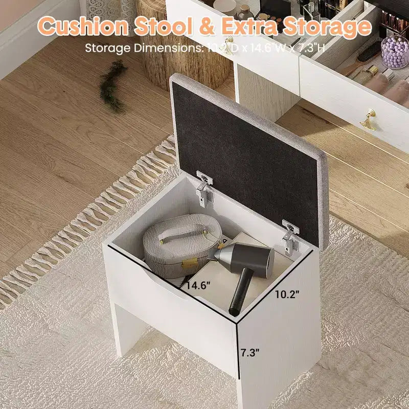 Vanity Desk with LED Light Mirror and Charging Station, Makeup Vanity with 2 Drawers and Storage Stool
